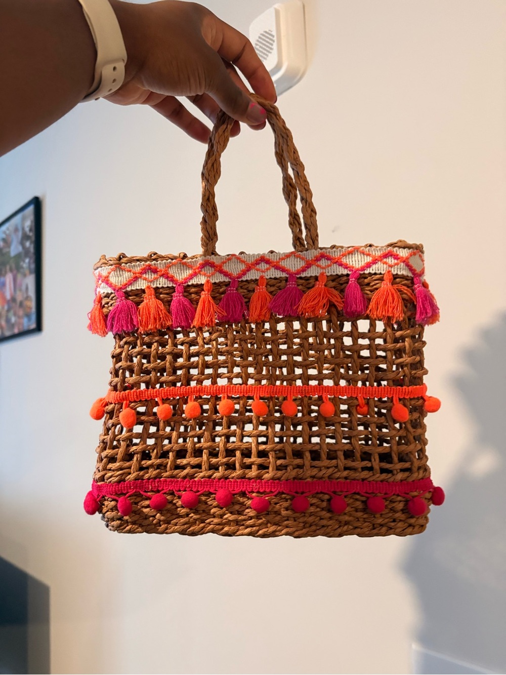SHEIN Woven Straw Tote with Pink & Orange Tassel Trim